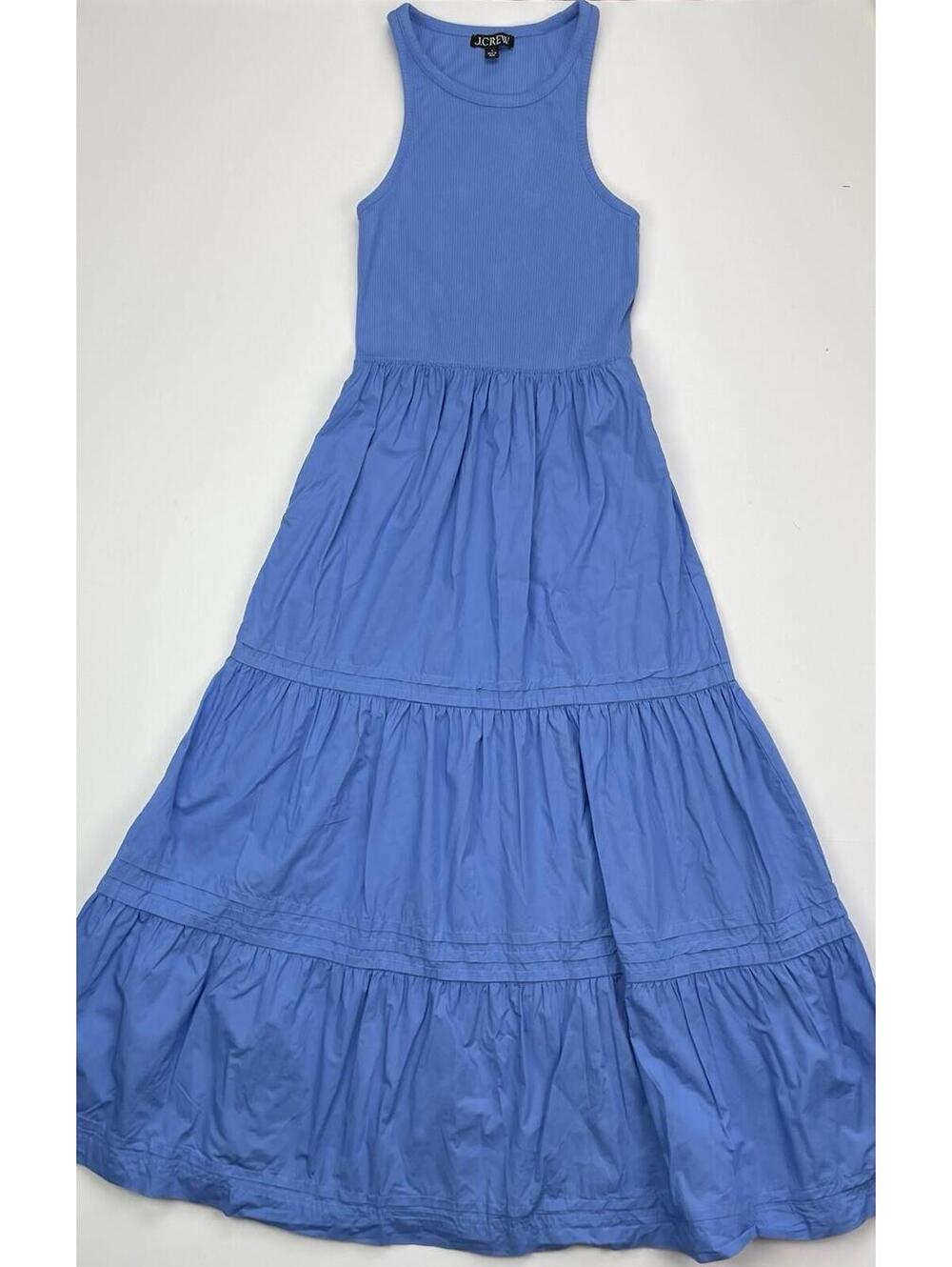 J.Crew Vintage Rib Tank Dress Poplin Skirt Tiered Maxi Blue Coastal Boho Small